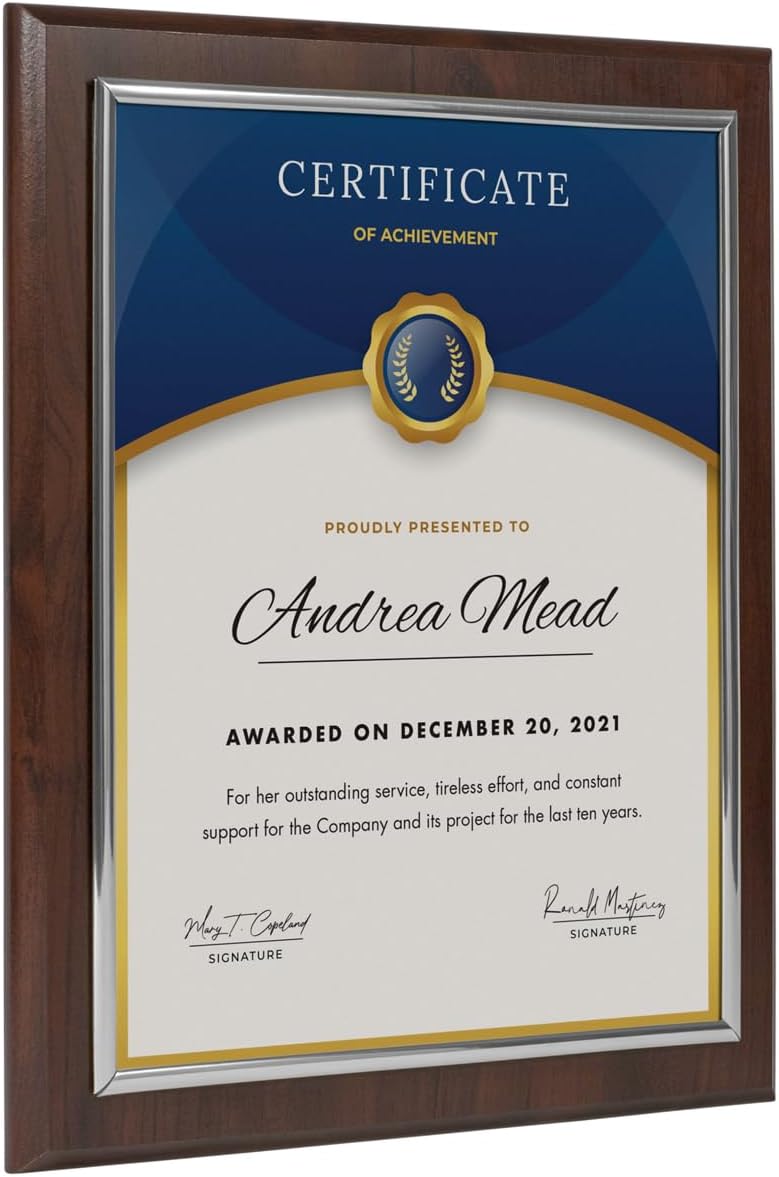 PlaqueMaker Certificate Frame, Cherry Wood with Silver or Gold Slide-in Frame, 10.5 x 13 Inch, Holds 8.5 x 11 Inch Documents, Indoor Use (Coated Cherry Wood and Silver Frame)