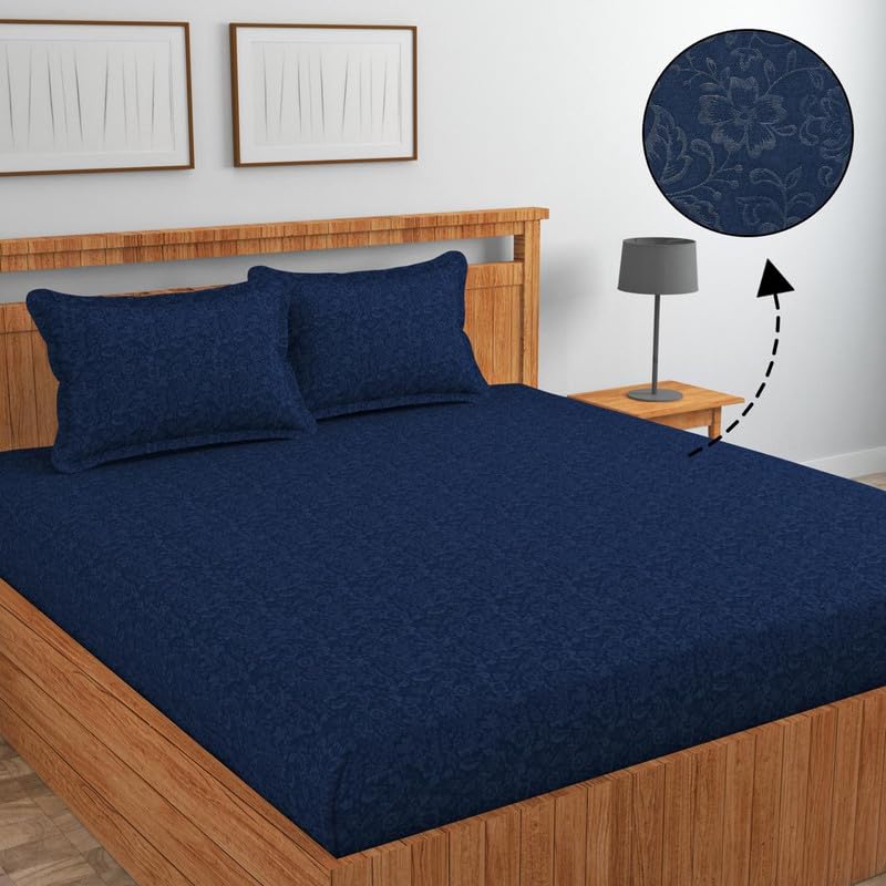 Image of Jashan Glace Cotton All Around Elastic Fitted Elegent Self Flower Print Queen Size Double Bed Bedsheet with 2 Pillow Covers Fits Upto Mattress of 10 Inches,Size - 72 x 78 x 10 Inches - Navy Blue