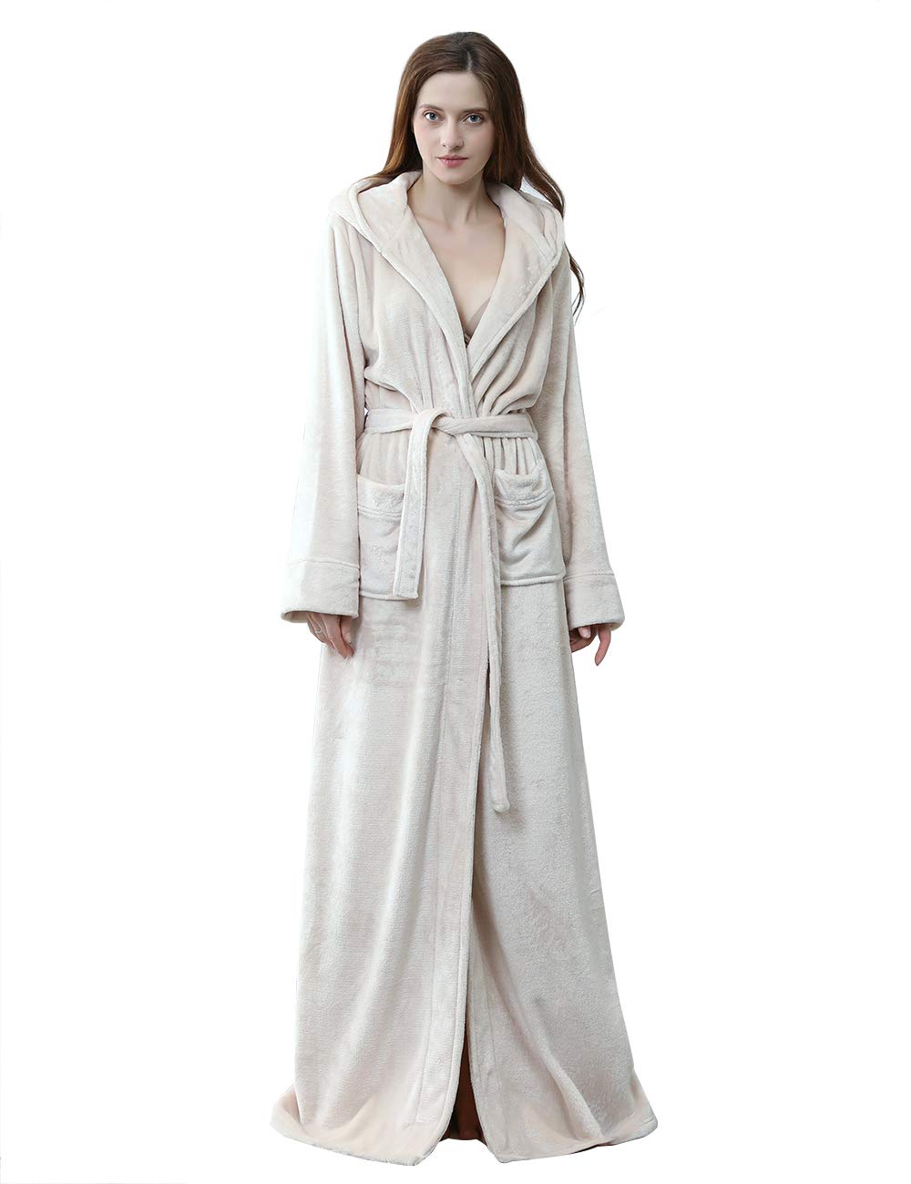 iCREAT Womens Long Hooded Bathrobe Fleece Full Length Bathrobe with Hood Winter Sleepwear