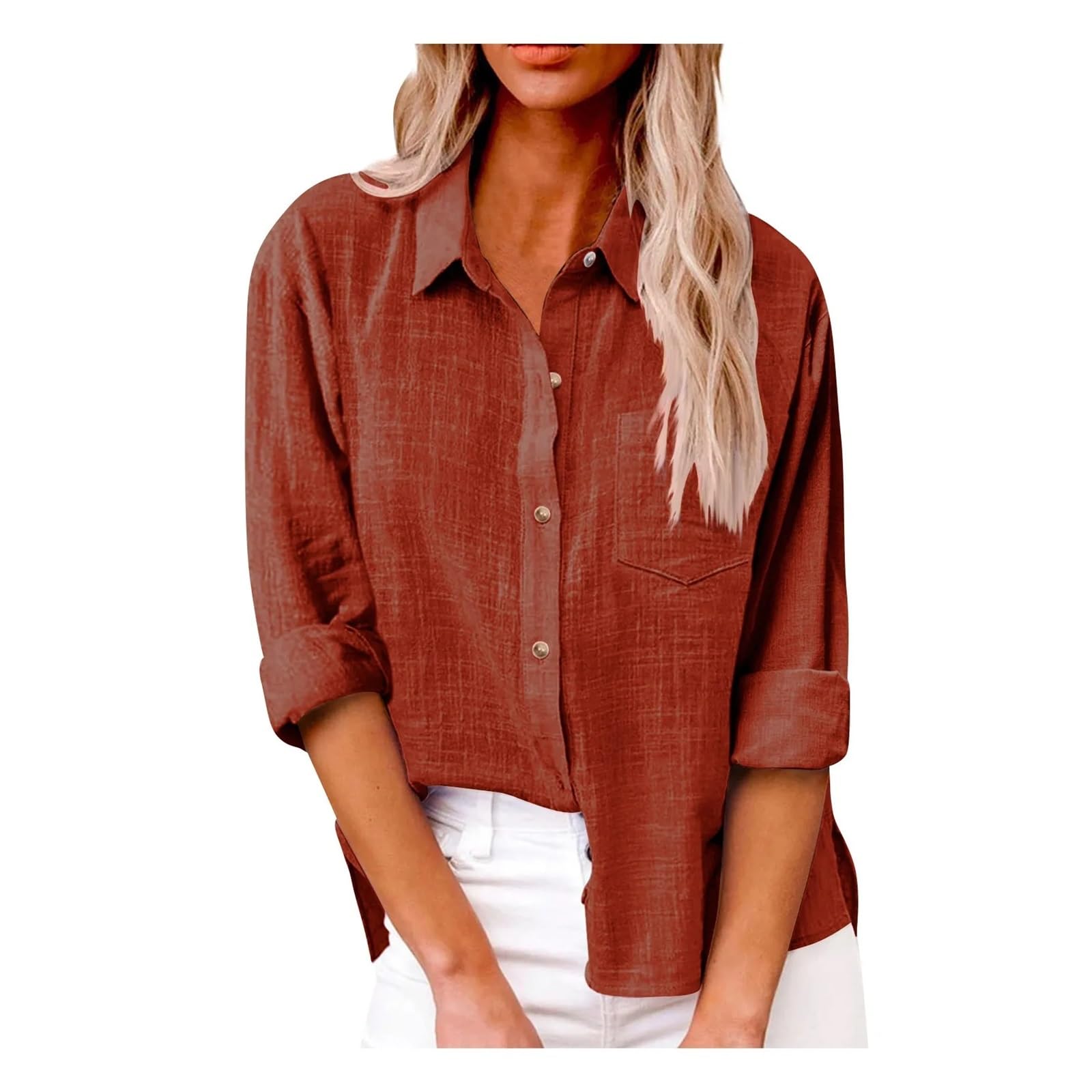 Camisa de Lino para Mujer Camiseta de Manga Larga con Cuello Vuelto for Mujer, Color Liso, Estilo Retro, versátil, Talla Grande, básica, Minimalista, for Uso Diario para Daily