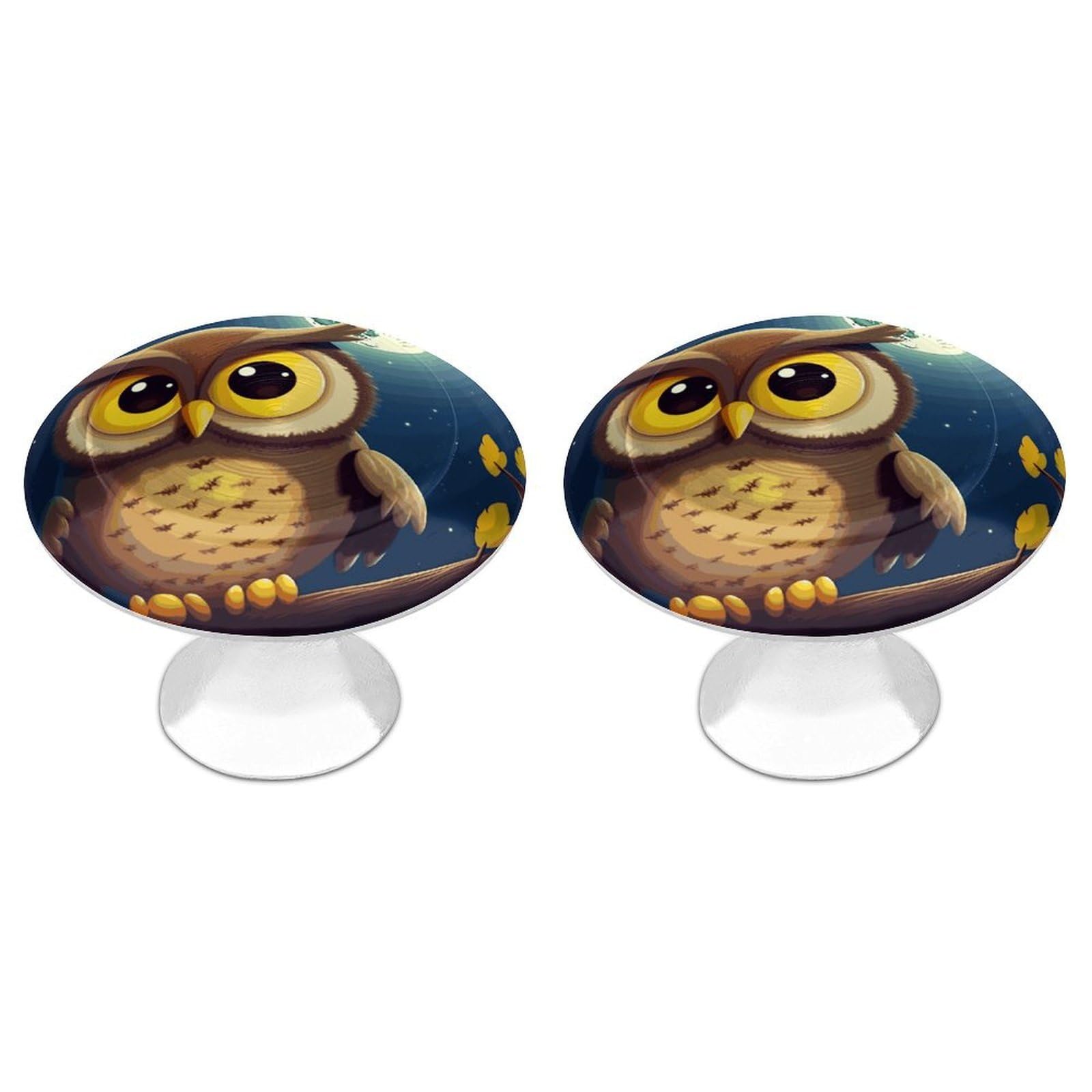 Fodpand White 2 Pack Cabinet Knobs 1.1 Inch Single Hole Drawer Pulls Handles Decorative Owl And Yellow Moon Furniture Knobs For Dresser Kitchen Bathroom Cupboard Wardrobe Vanity Closet Door Hardware
