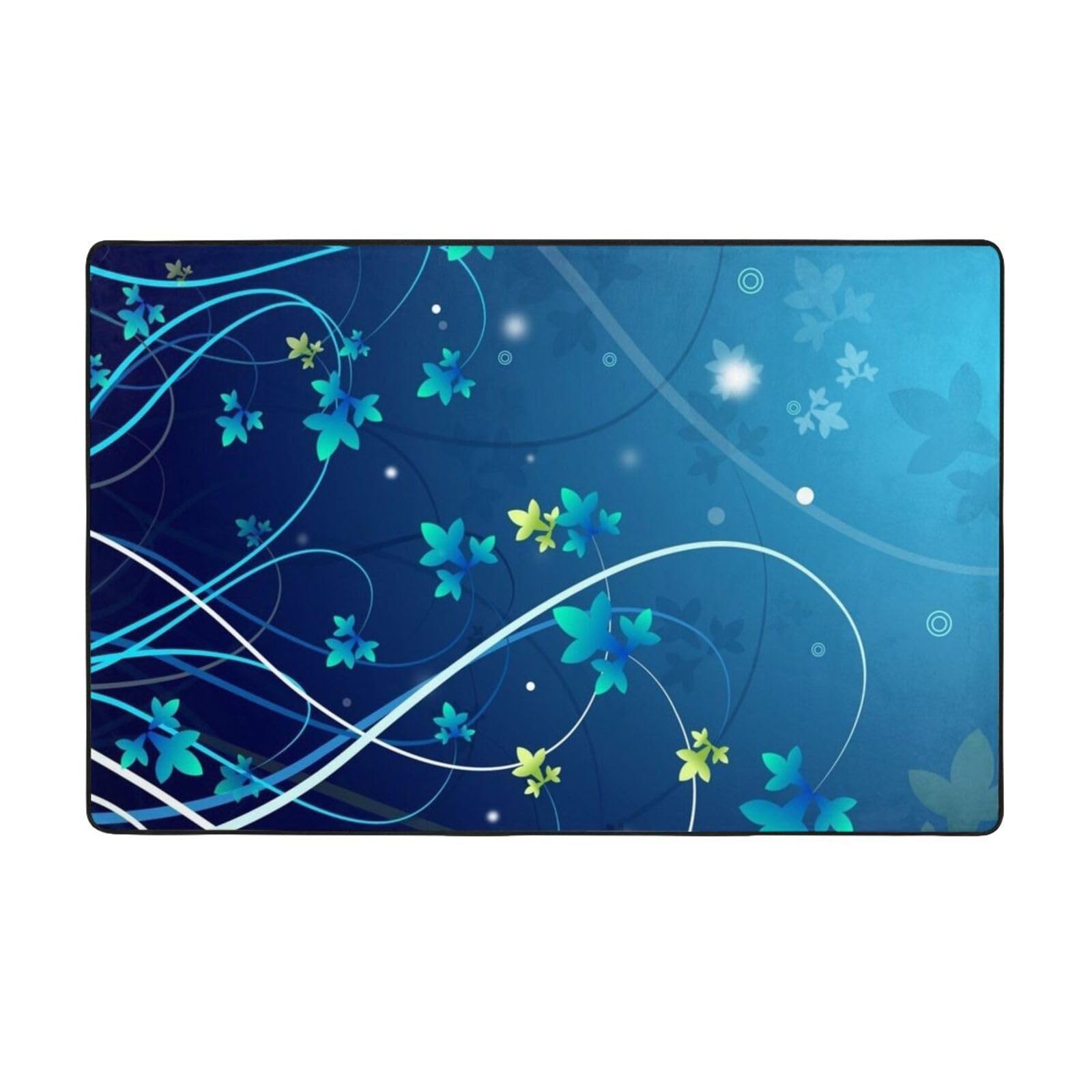 Tapis grand format 150x100 lavable antidérapant cuisine et salle à manger fleurs bleues modern