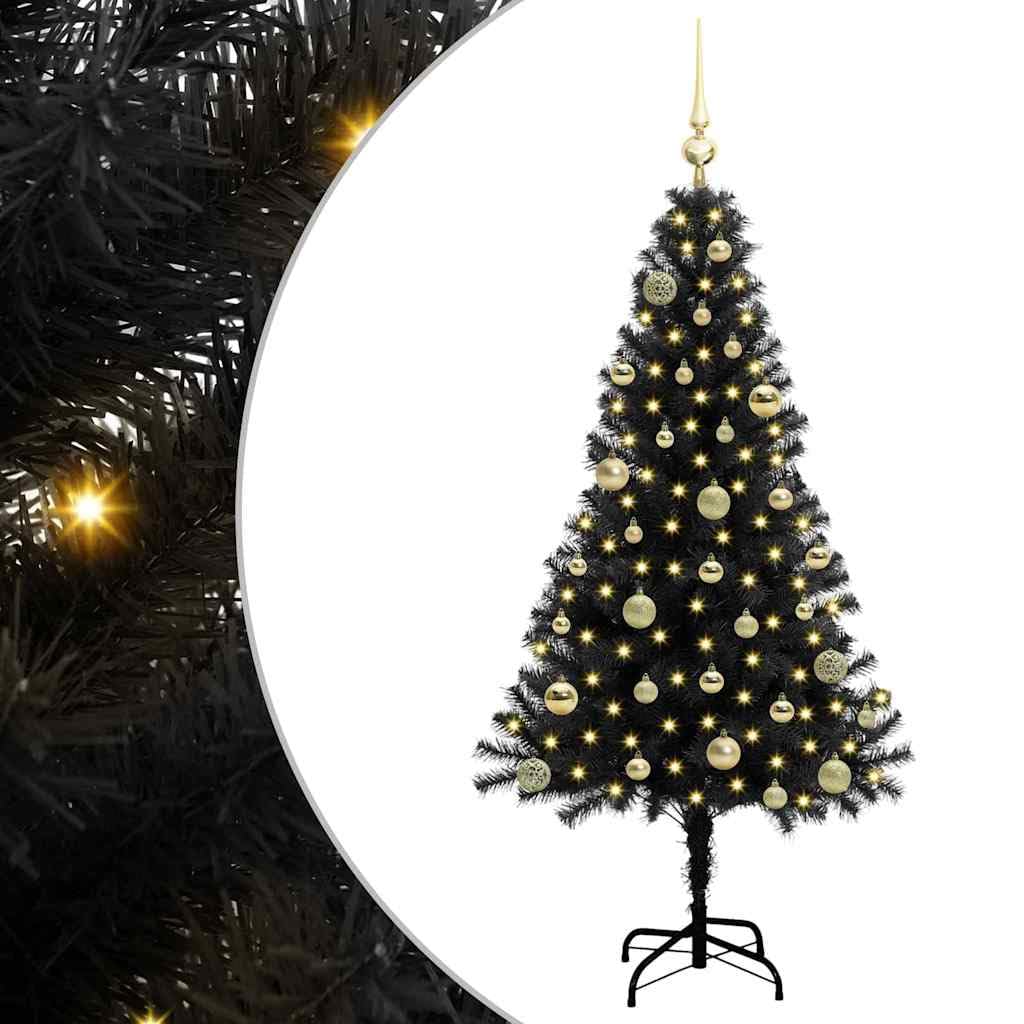 Choinka z 150 diodami LED o ciepłej białej barwie, wysokość 150 cm, czarna, PCW, smukła konstrukcja, do użytku wewnątrz i na zewnątrz, ze stojakiem i bombkami