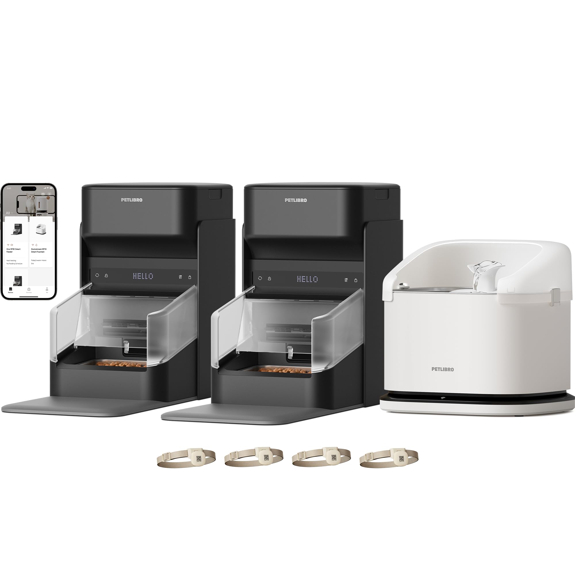 Bundle of 2 Packs PETLIBRO RFID Automatic Cat Feeder, Collar Sensor for Personalized Meals, Cats Recognition, Diet Tracking + RFID Multi Cats Water Fountain with Hydration Monitoring, x3 Collar Tags