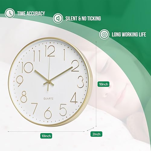 Miniatura 3 de Reloj de pared de 10 pulgadas sin tictac, silencioso, moderno, estilo simple, redondo, decoración redonda, esfera estereoscópica dorada, relojes de