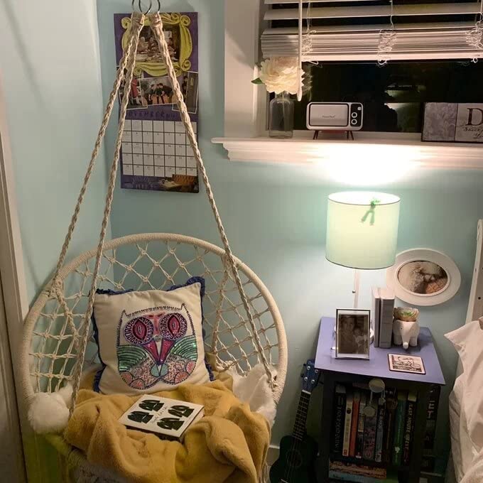 Image of Garpans Hammock Chair Macrame Swing Bohemian Style Hammock Swing Chair with Tassels Hanging Swing Chair Handmade Knitted Cotton Rope for Indoor Outdoor Bedroom Patio Max 330 Lbs Beige