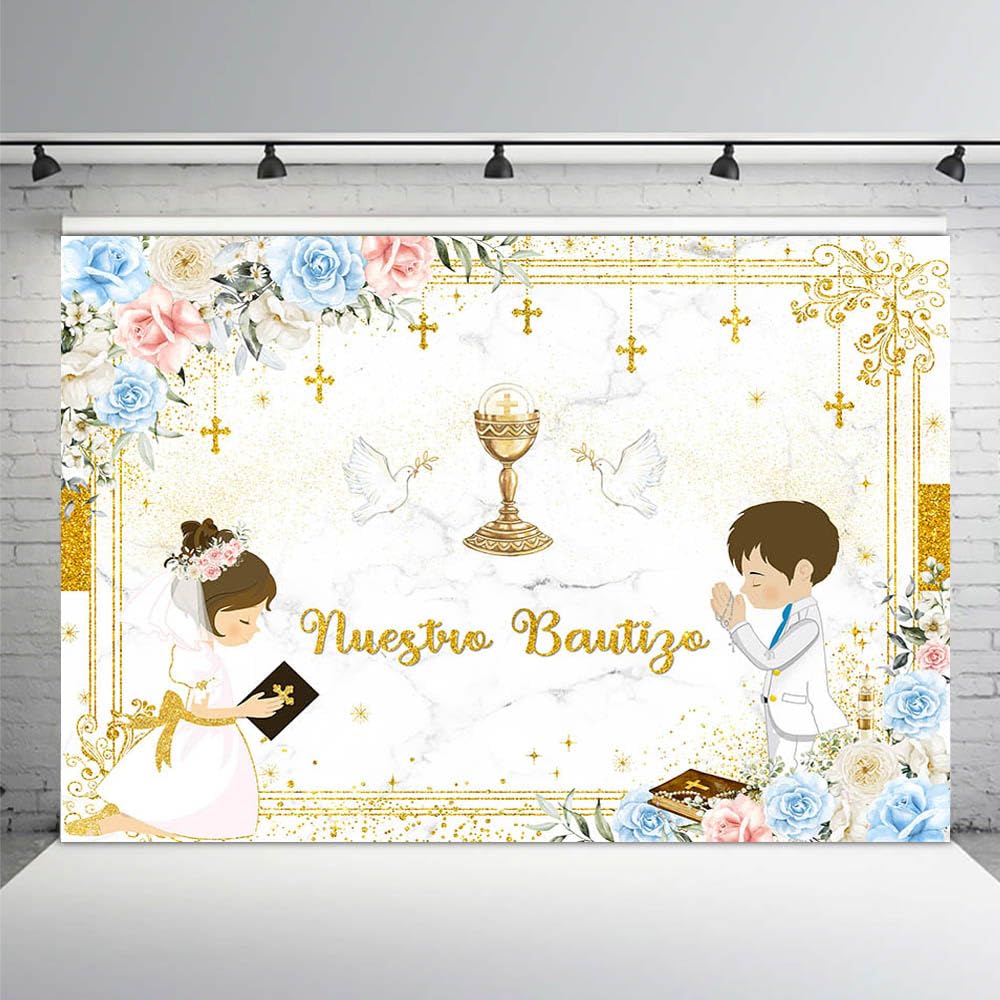 AIBIIN 7x5ft Floral Nuestro Bautizo Baptism Backdrop for Boy and Girl First Holy Communion Banner God Bless Christening Party Photography Background