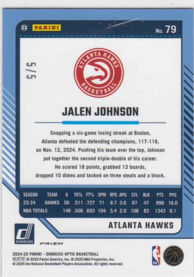 Basketball Trading Card 2024-25 Donruss Optic Green #79 Jalen Johnson EX/NM 5/5 Hawks