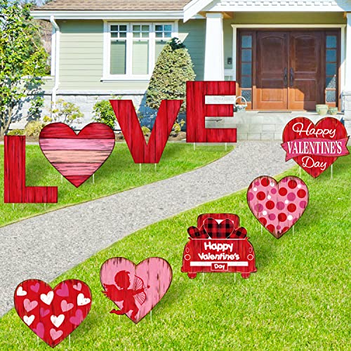 ​Quera 9 Stück Valentinstag Hofschild mit Heringen Liebe Herz LKW Rot Liebe Herz Amor Rasen Schild Indoor Outdoor Valentinstag Zuhause Rasen Dekorationen Hochzeit Jahrestag Ornament Party Supplies ​ Cover