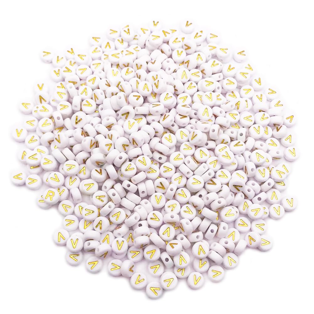 500PCS 4x7mm Acrylic Letter Beads V for Friendship Bracelets Jewelry Making White Flat Round Acrylic with Golden Alphabet Beads for DIY Crafts Bracelets Necklaces Key Chains Phone Lanyard