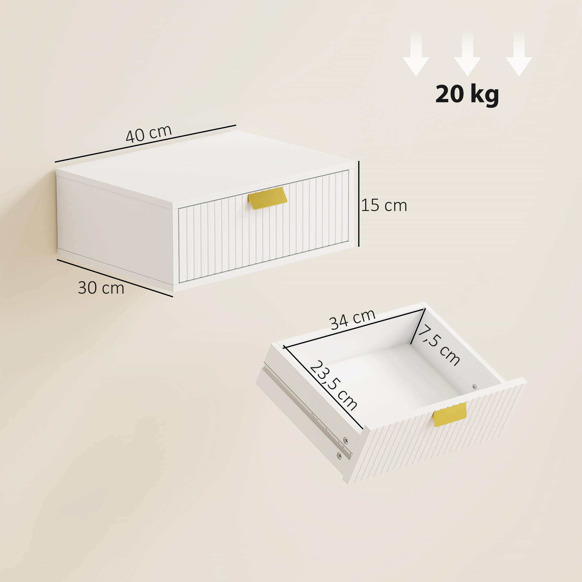 HOMCOM Lot de 2 Tables de Chevet murales, Tables de Nuit suspendues avec tiroir ondulé, Style Moderne, pour Chambre à Coucher, Salon, 40 x 30 x 15 cm, Blanc