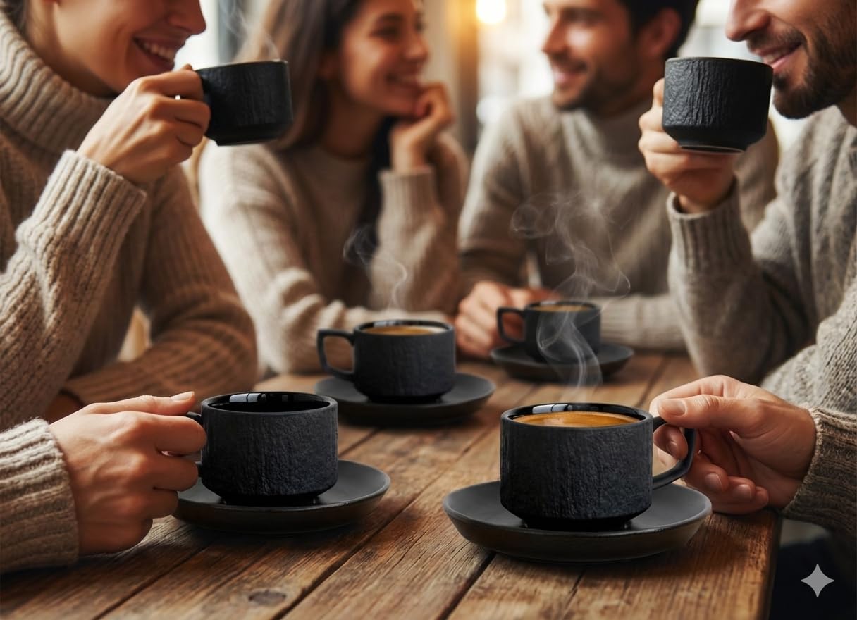 Saumo 4er Set Espressotassen mit Unterteller aus Keramik – 100 ml, modernes Design in schwarz, ideal für Espresso und kleine Kaffeespezialitäten – stilvoll für Zuhause, Büro und besondere Anlässe