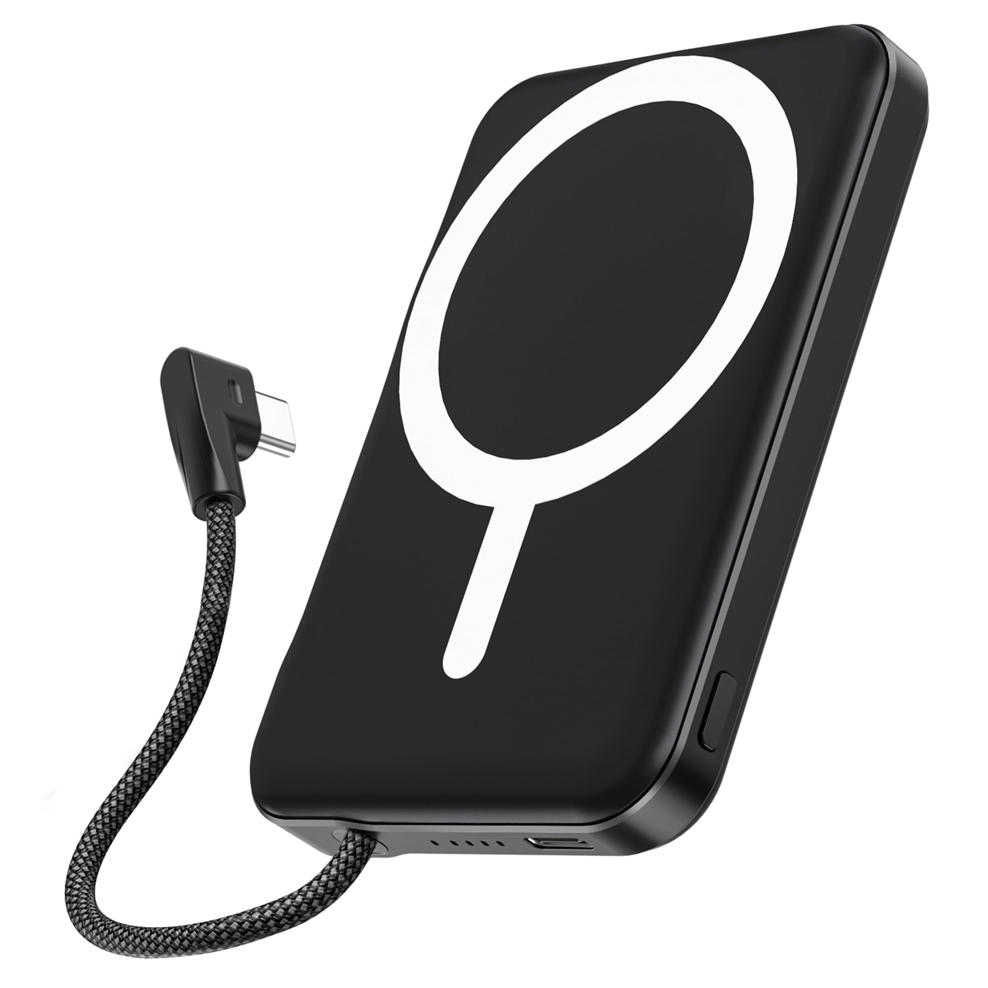 RociLife for Magsafe Power Bank, 5000mAh Magnetic Portable Charger with Built-in USB-C Cable, Wireless Battery Pack with 20W PD Fast Charging for iPhone 17/16/15/14/13/12 All Series-Black