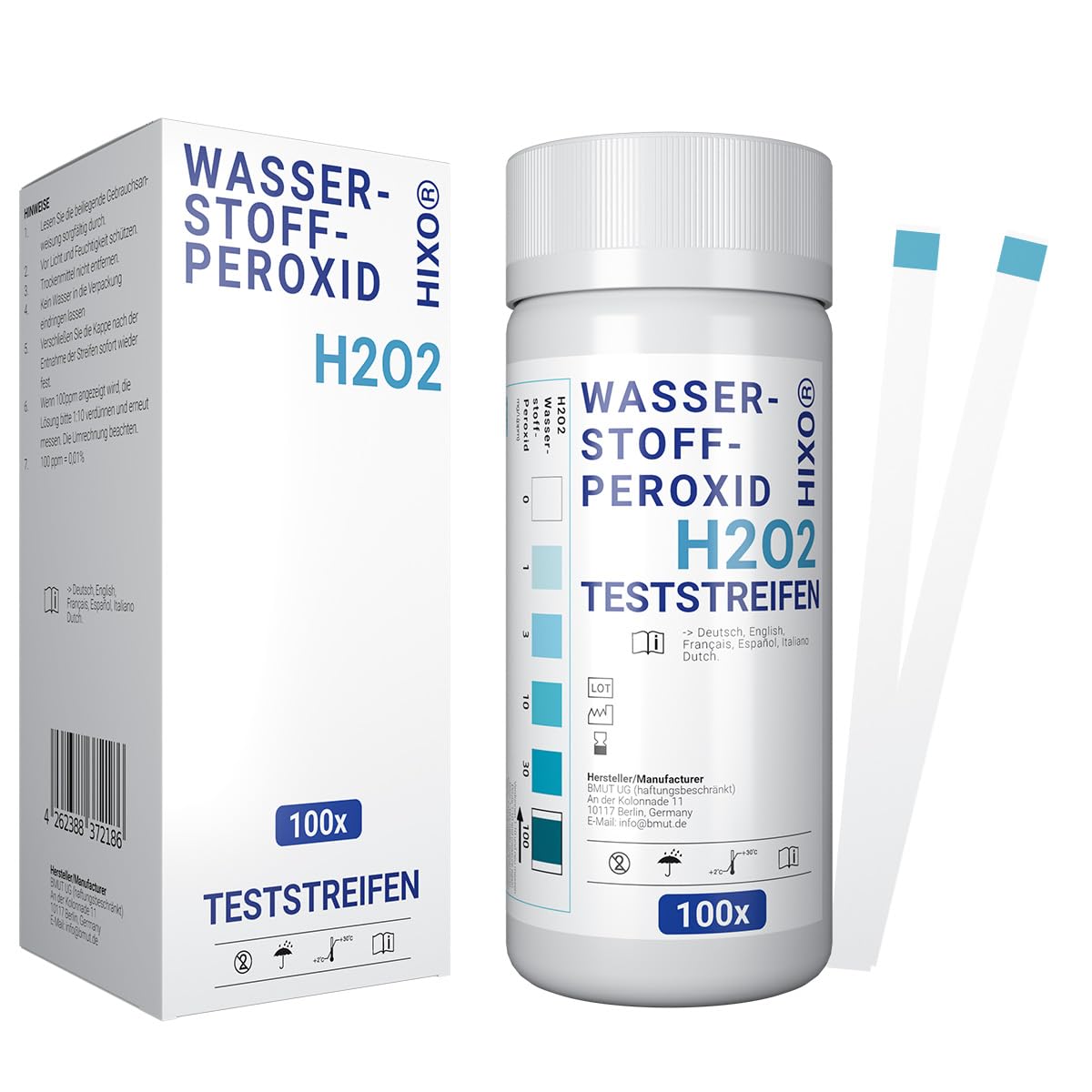 H2O2 - Tira de prueba de peróxido de hidrógeno para 0 a 100 ppm - Medición de concentración - Uso rápido y fácil - Con escala de color