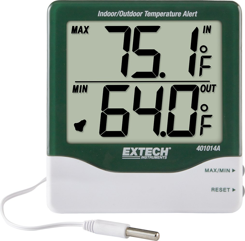 Extech 401014 Big Digit Indoor/Outdoor Thermometer with Large LCD - Min/Max Memory, 9.6ft Waterproof External Sensor Cable, Wall Mount & Desk Stand for Home, Greenhouse, and Office