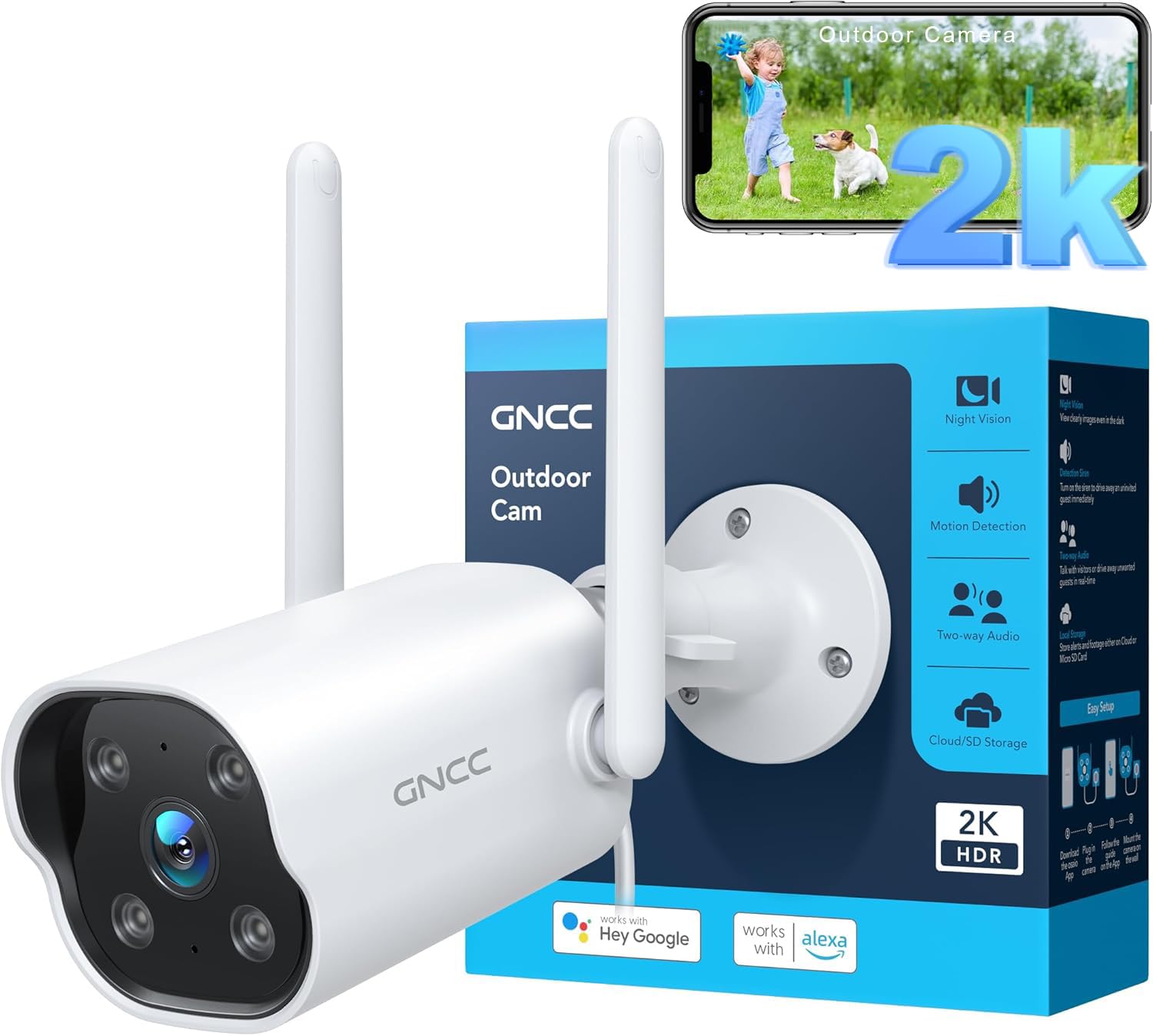 GNCC GT1Pro 2K Outdoor Security Camera, CCTV Camera for Home, IP65 Weatherproof, Night Vision, AI Motion Detection, Siren Alarm, 2-Way Audio, Works with Alexa & Google, 2.4GHz WiFi, Wired 9.8 FT / 3m