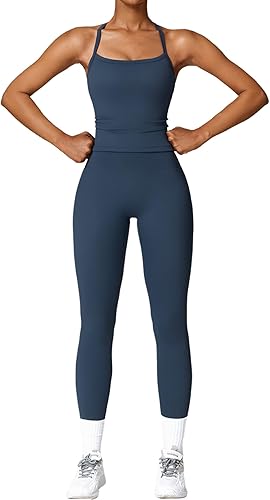Womens Workout Sets Two Piece Cross Back Tank Top Matching High Waist Leggings Sets Gym Outfits Work Out Clothes