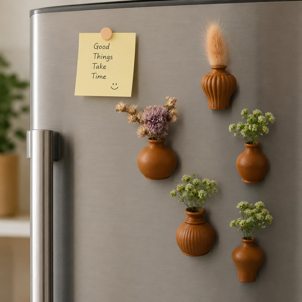 Rudrila Plastic Fridge Magnet Vase Set, Beige, Modern Minimalist Style, Magnetic Backing, 5 Pieces, Assorted Shapes-image-41