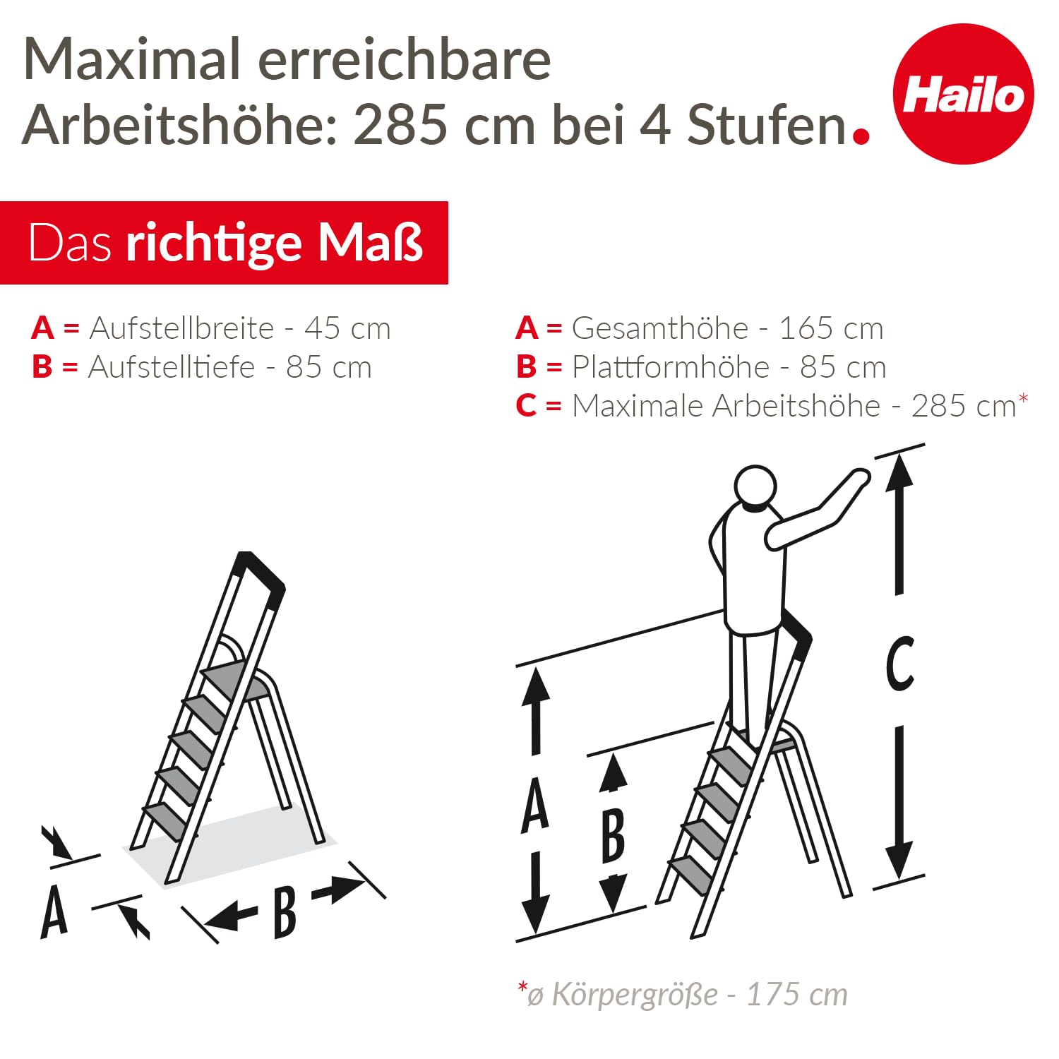 Hailo L85 ComfortLine Alu-Sicherheits-Stehleiter - 4 XXL-Stufen belastbar bis 150 kg - Tiefe Standfläche & Haltegriff - Stehleiter mit Ablage - Aluleiter Made in Germany - Leiter rostfrei - Silber