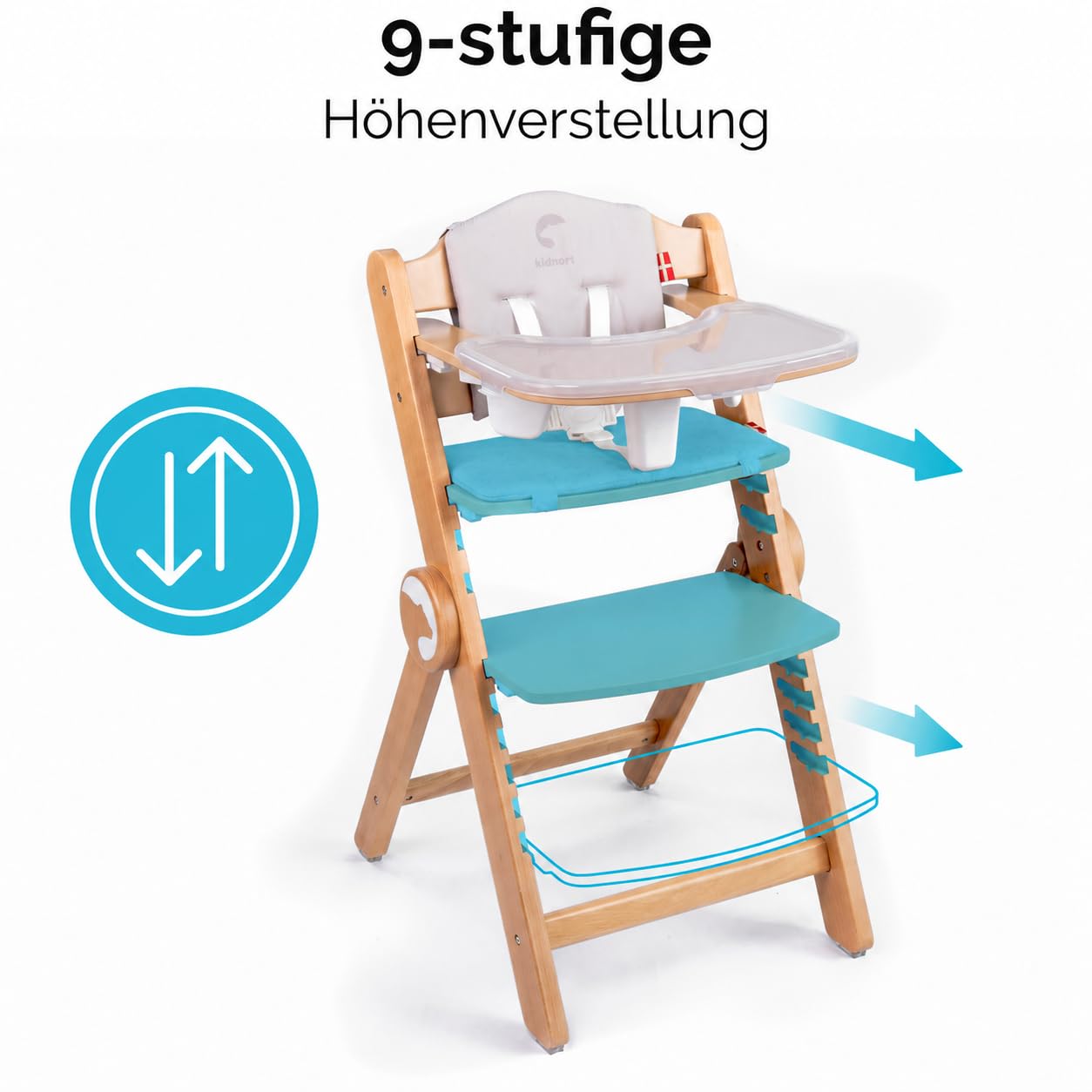 Holzhochstuhl Drömmer Unique bis 75kg Mitwachsender Faltbarer Hochstuhl aus Buche für Kinder mit Sitzkissen 5 Punkt Gurt zusätzliche Ablage Schrittgurt 9 Höhenverstellungen Schutzbügel Natural