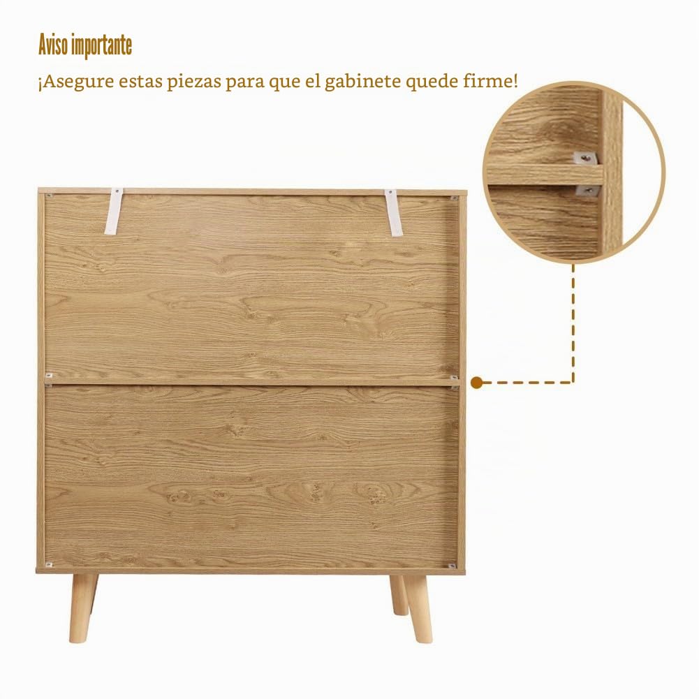 Cómoda con 3 Cajones Cómoda Dormitorio Estrecha con Frontales de Ratán y Patas Elevadas Cajonera para Salón Oficina 80x40x92cm Natural