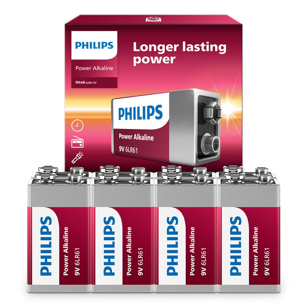 Philips 9 Volt Batteries 8 Pack, Power Alkaline 9v Batteries Durable, Leak Proof, Long Lasting 9 Volt Battery for Smoke Detector, Reclosable Packaging to Have On Hand for Household & Office Needs.