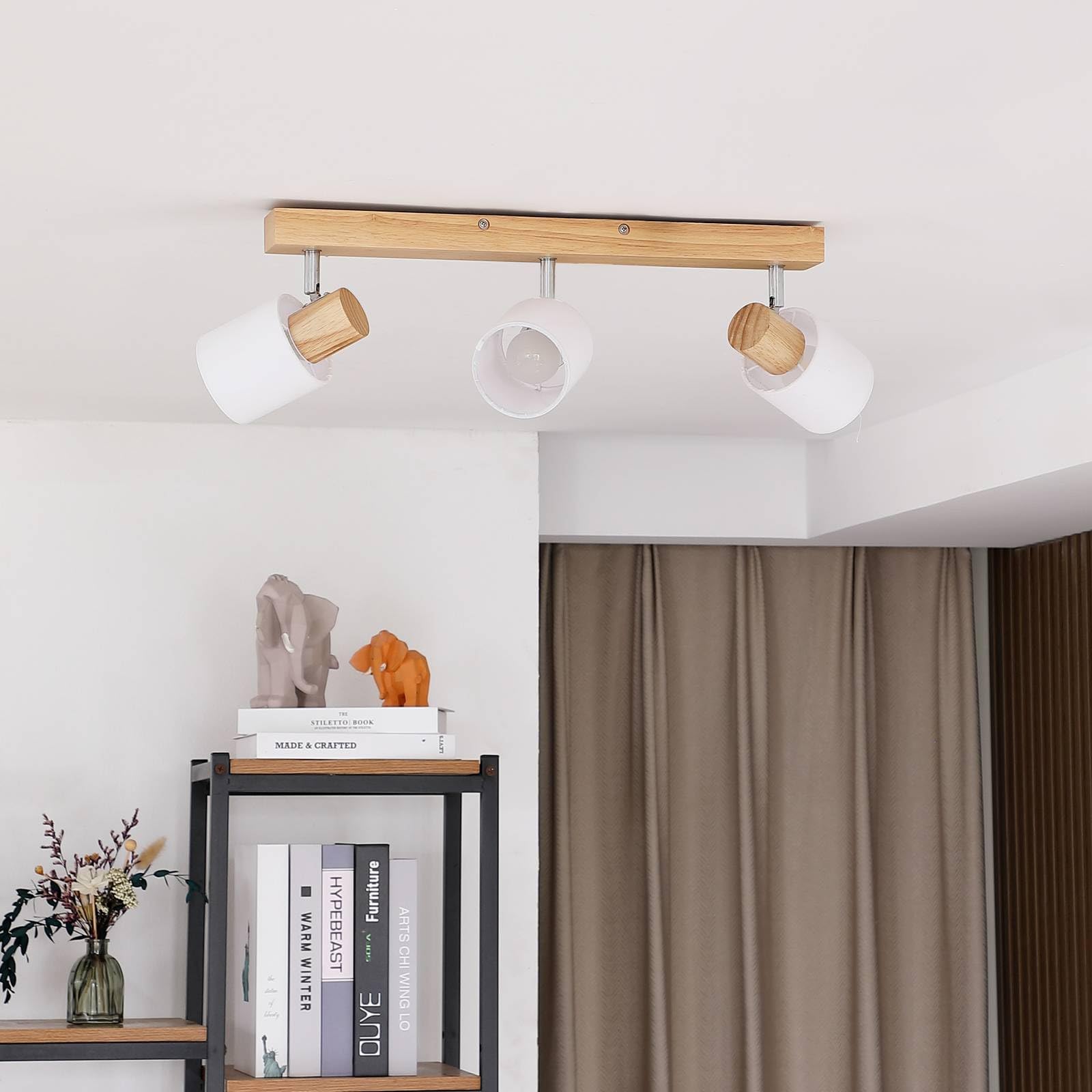Lindby Faretti LED da Soffitto Orientabili, Lampadario a 3 Lampada Plafoniera per Cucina Soggiorno Camera Letto Luci E14 Legno e Tessuto Bianco Moderno Scandinavo