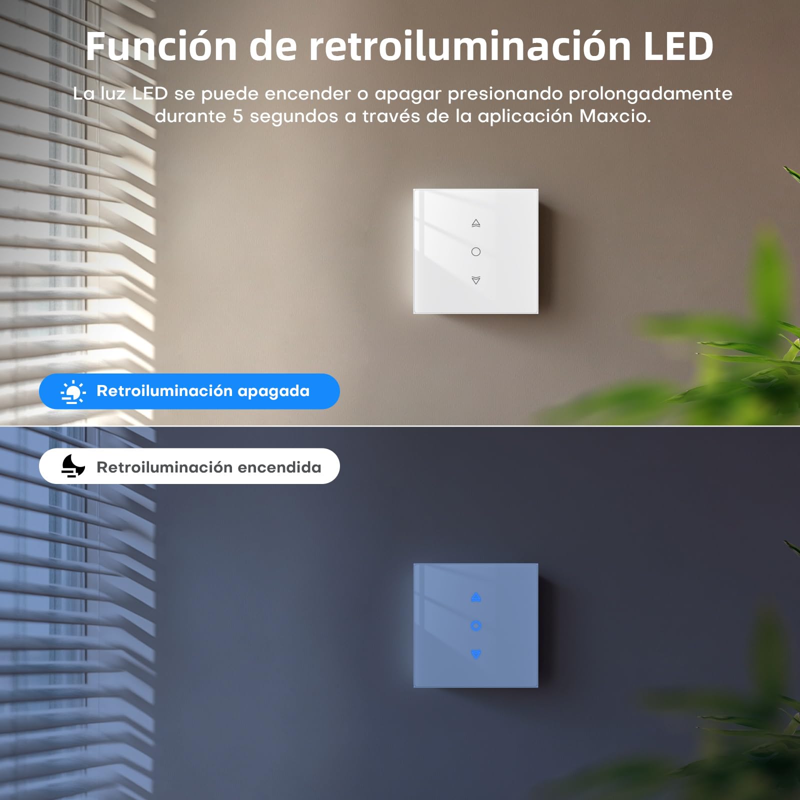 Maxcio Interruptor de persiana WiFi, Interruptor Inteligente Persiana LED Compatible con HomeKit, Alexa y Google Home, Calibración con un Solo Clic, Control de Porcentaje, Remoto y Control por Voz