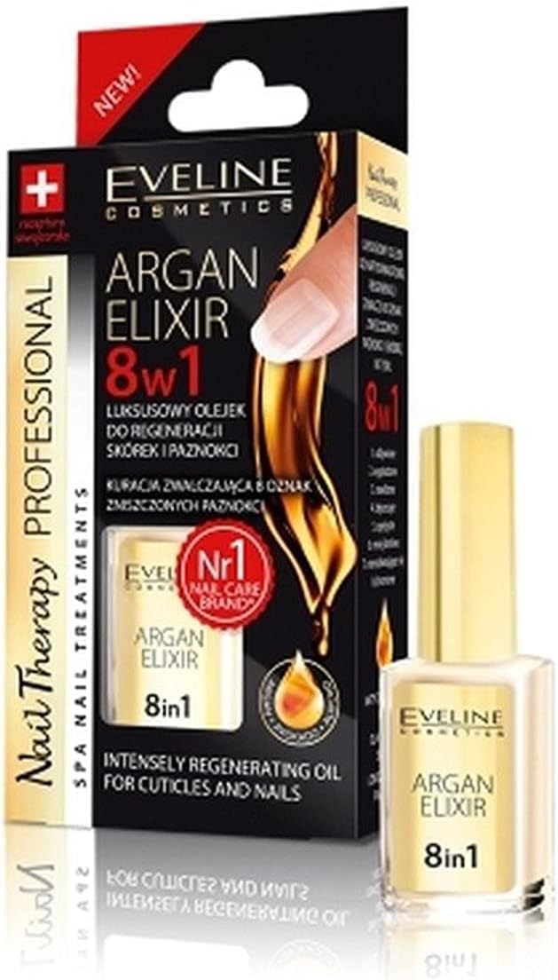 Eveline Cosmetics Argan Elixir 8-in-1 Nail Regeneration | For cuticles & nails | Treatment for Nourished, Smoothed, Moisturised, Glossy, Elastic, Less brittle, Non-splitting & Protected nails | 12 ml