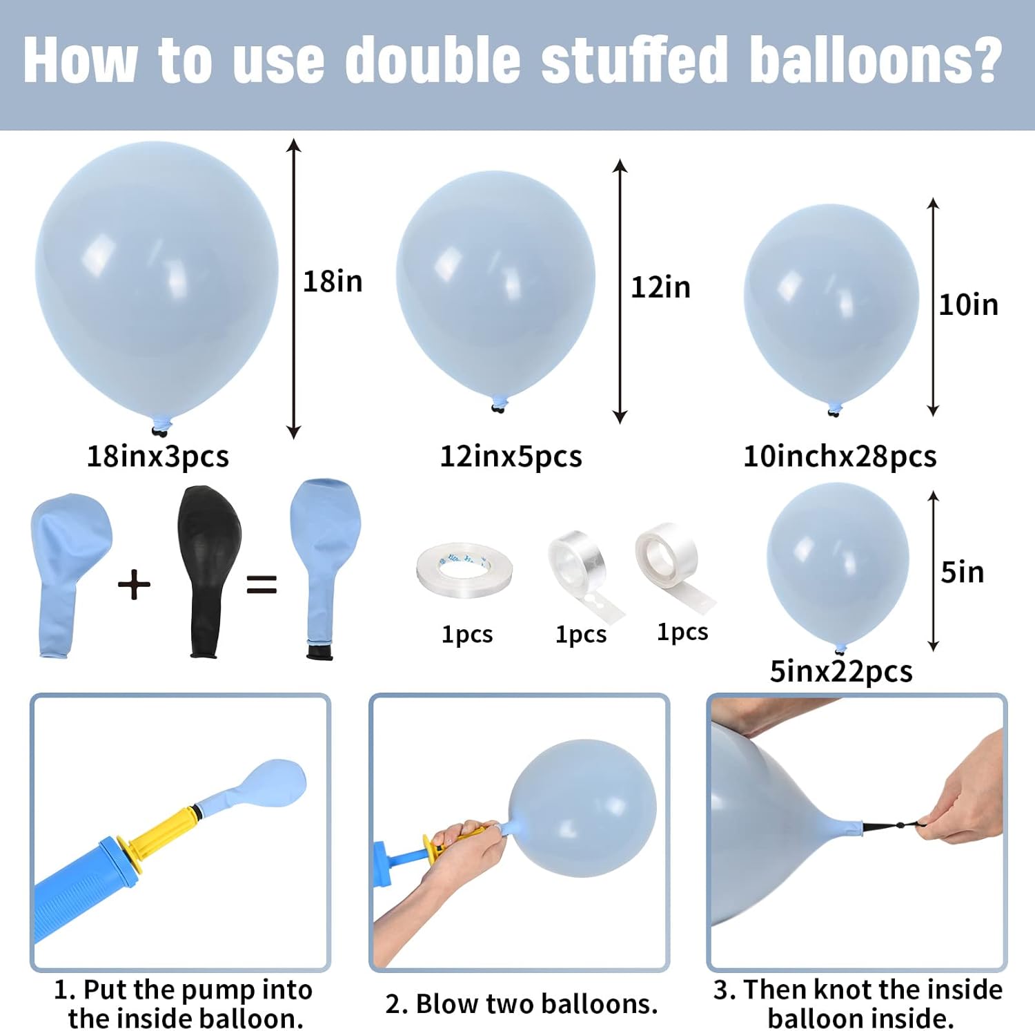 Dusty Blue Balloons Different Sizes Double Stuffed Balloon Garland 18 12 10 5inch Latex Slate Balloon Pastel Blue Balloon Arch Kit for Neutral Birthday Party Decoration Baby Shower
