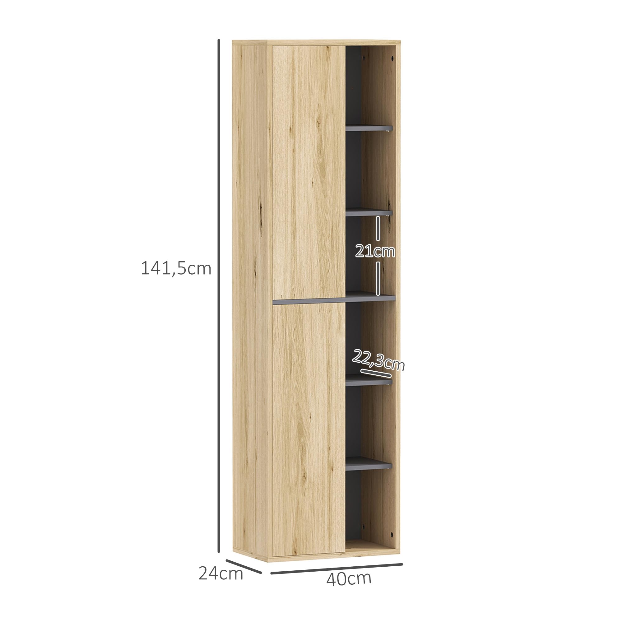HOMCOM Columna de Baño de Pared Armario de Baño con Compartimentos Abiertos y 2 Puertas Mueble de Baño Moderno 40x24x141,5 cm Natural