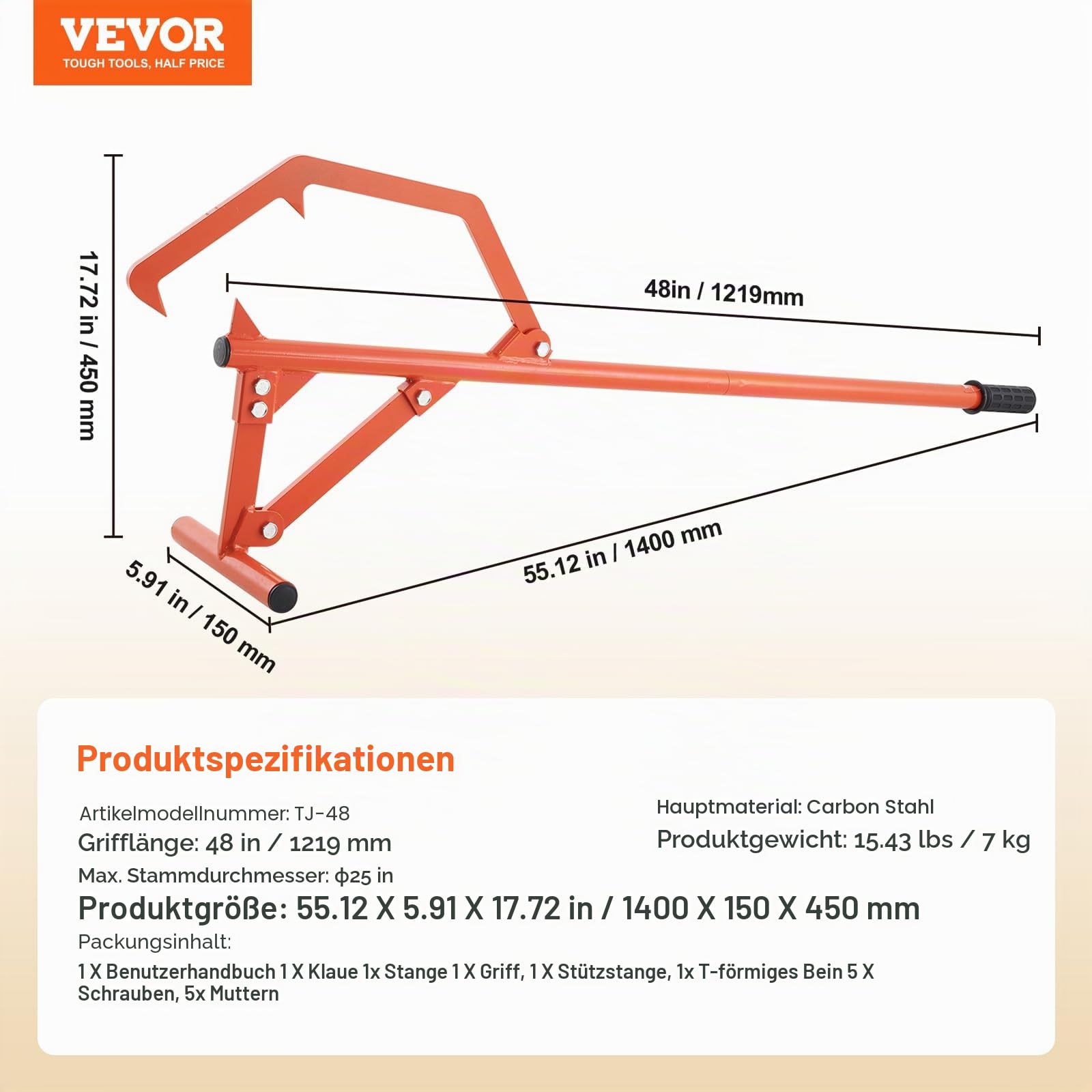 VEVOR Fällheber, 1219 mm, robuster Stammheber aus Stahl, Holzheber mit verstellbarem Wendehaken, Forsthaken für Holzstämme bis zu φ 63,5 cm, Fällhilfe zum Rollen, Schneiden & Anheben von Holzstämmen
