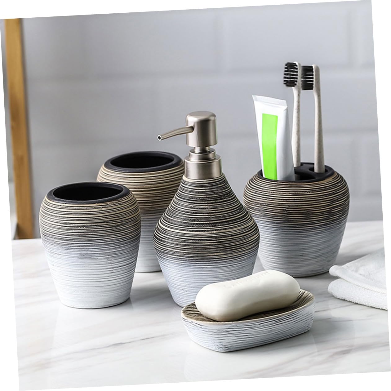 CLISPEED 5 Pezzi Set da Bagno in Ceramica Fatto a Mano Porta Sapone e Porta Spazzolino, Leggero e Resistente, per Uso in Bagno e Viaggio