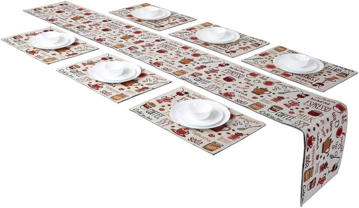 Encasa XO Boho Jacquard Set of 6 Placemats and 1 Table Runner 13x80 in | Espresso Design | Vintage Style | Woven Bohemian Tapestry for Dining - Machine Washable