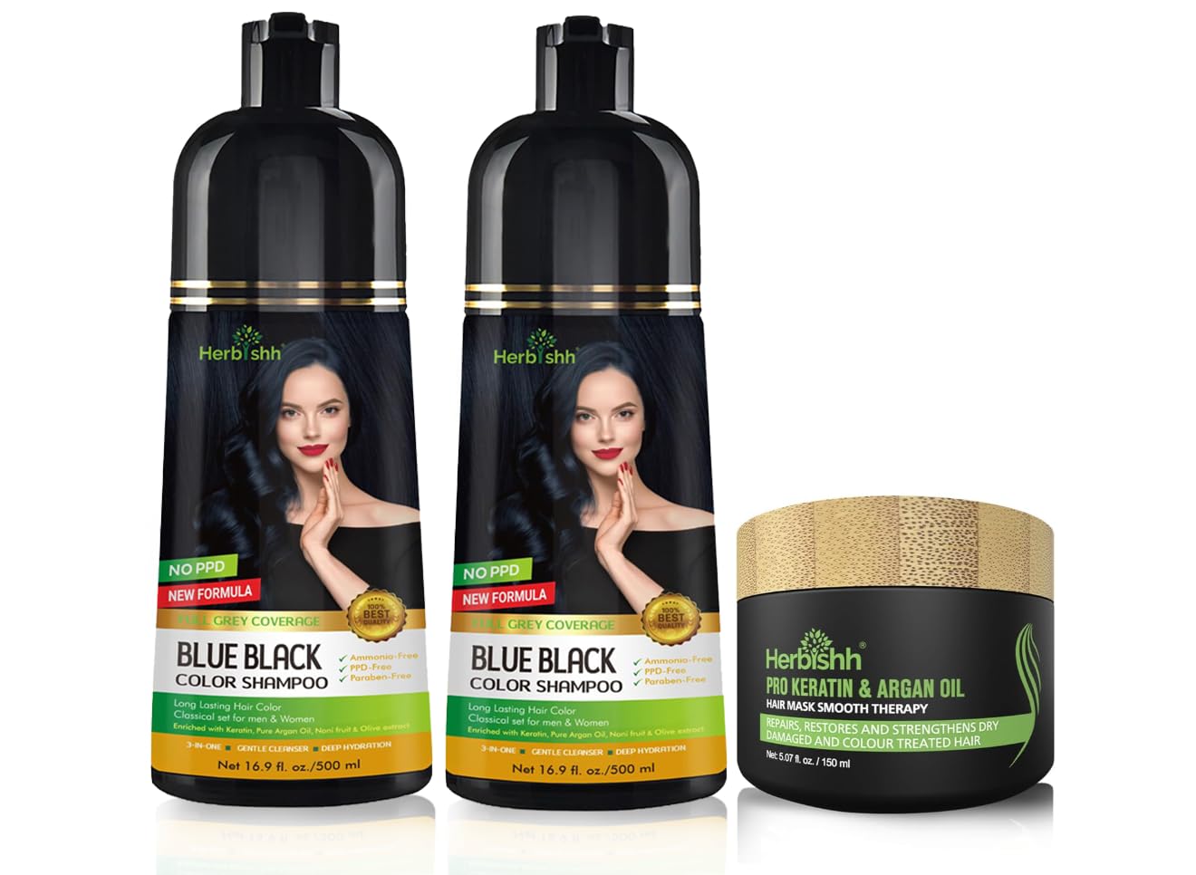 Combo Pack-2pcs Herbishh Hair Color Shampoo for Gray Hair+ 1pc Argan Intense Hair Mask- Hair Dye Shampoo – Colors Hair in Minutes – Long-lasting color– 500 Ml –Stimulates Dry Frizzy Hair (Blue Black)
