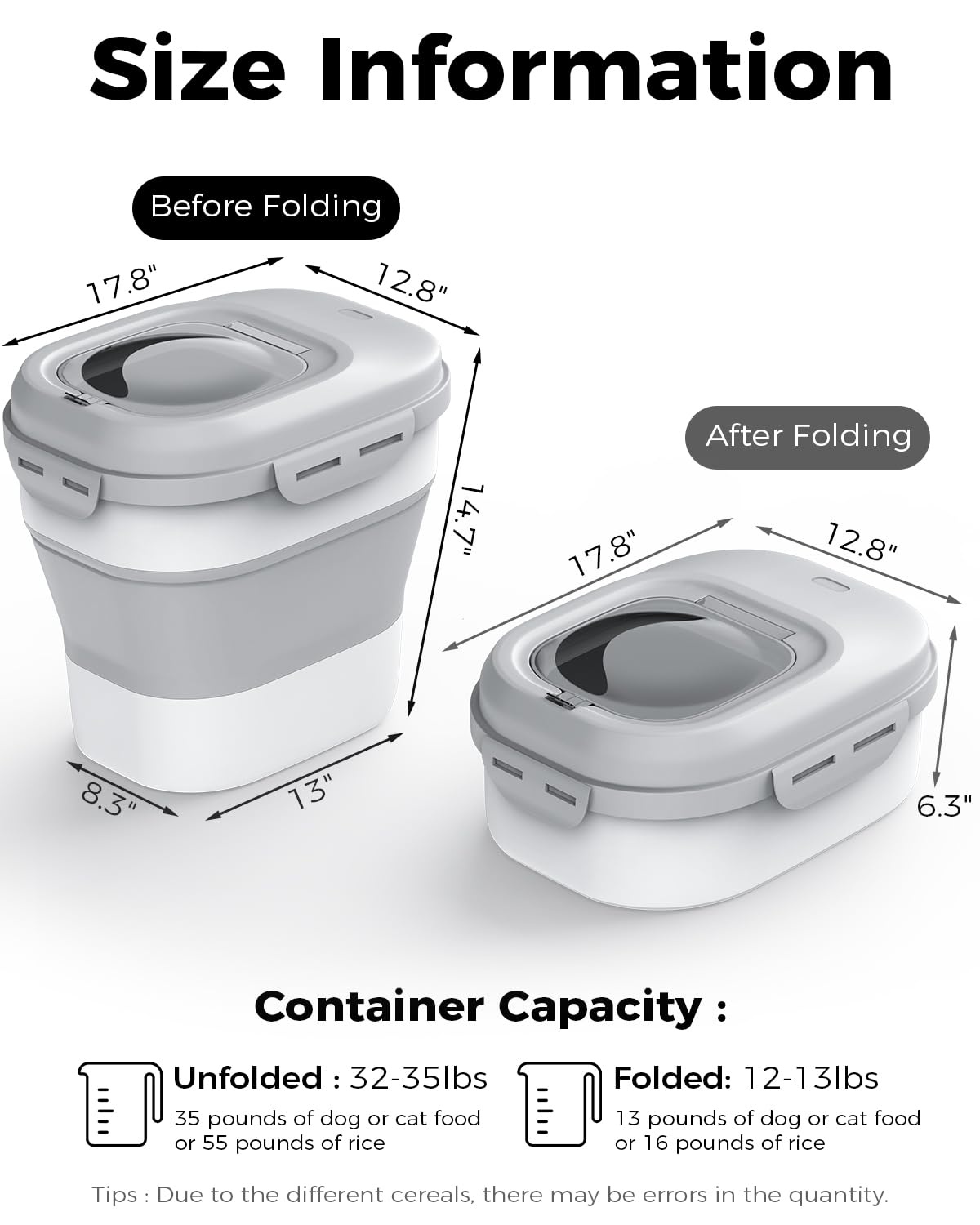 Dog Food Storage Container, 30-35Lbs Collapsible Dog Food Container with Airtight Lids,Wheels,Scoop and 2PCS Pet Food Storage Containers,Large Dry Pet food Container for Dog, Cat and Other Pet-Grey