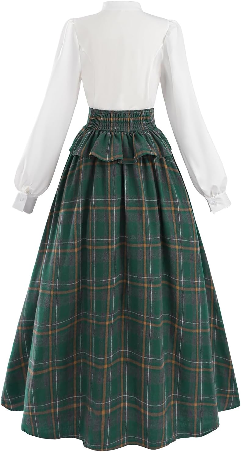 FCCAM Plaid Victorian Dress for Women Long Sleeve Vintage 1950 Style Dresses