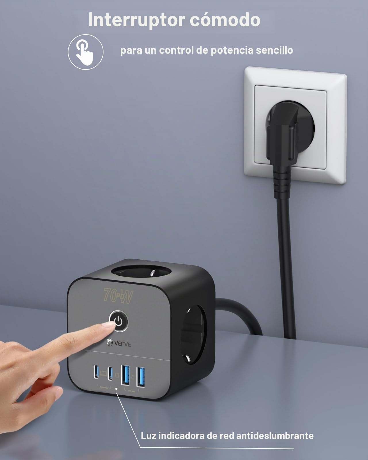 VEFVE Cubo Regleta 70W GAN, Cargador Rápido USB C, Ladrón Enchufes 7 en 1 con Interruptor, Compatible con iPhone 17, Galaxy S26, MacBook, Cable 3m, Negro