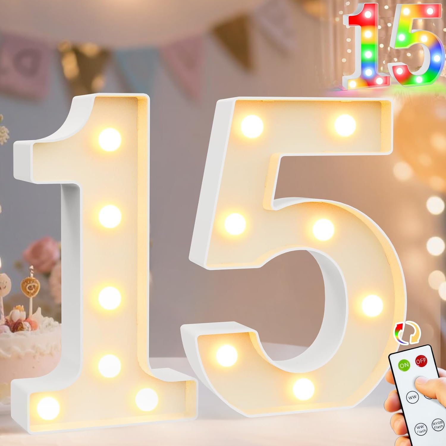 Pooqla 15th Birthday Decoration for Girls Boys, Decorative LED Light Up Numbers, Marquee Numbers 15 Sign for Party Backdrop 15th Wedding Anniversary Decor Gift, Warm White and Colorful Number 15