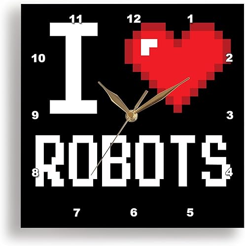3dRose Reloj de pared silencioso - 15 pulgadas - Pixeles pixelados Geek Old School 8-Bit I Heart I Love Robots - Geek Designs