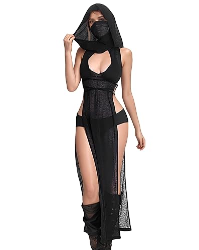Mingnos Goth Dress for Women Rave Outfits, Cutout High Slit Sheer Dress Festival Club Night Out Dresses - Black - Large