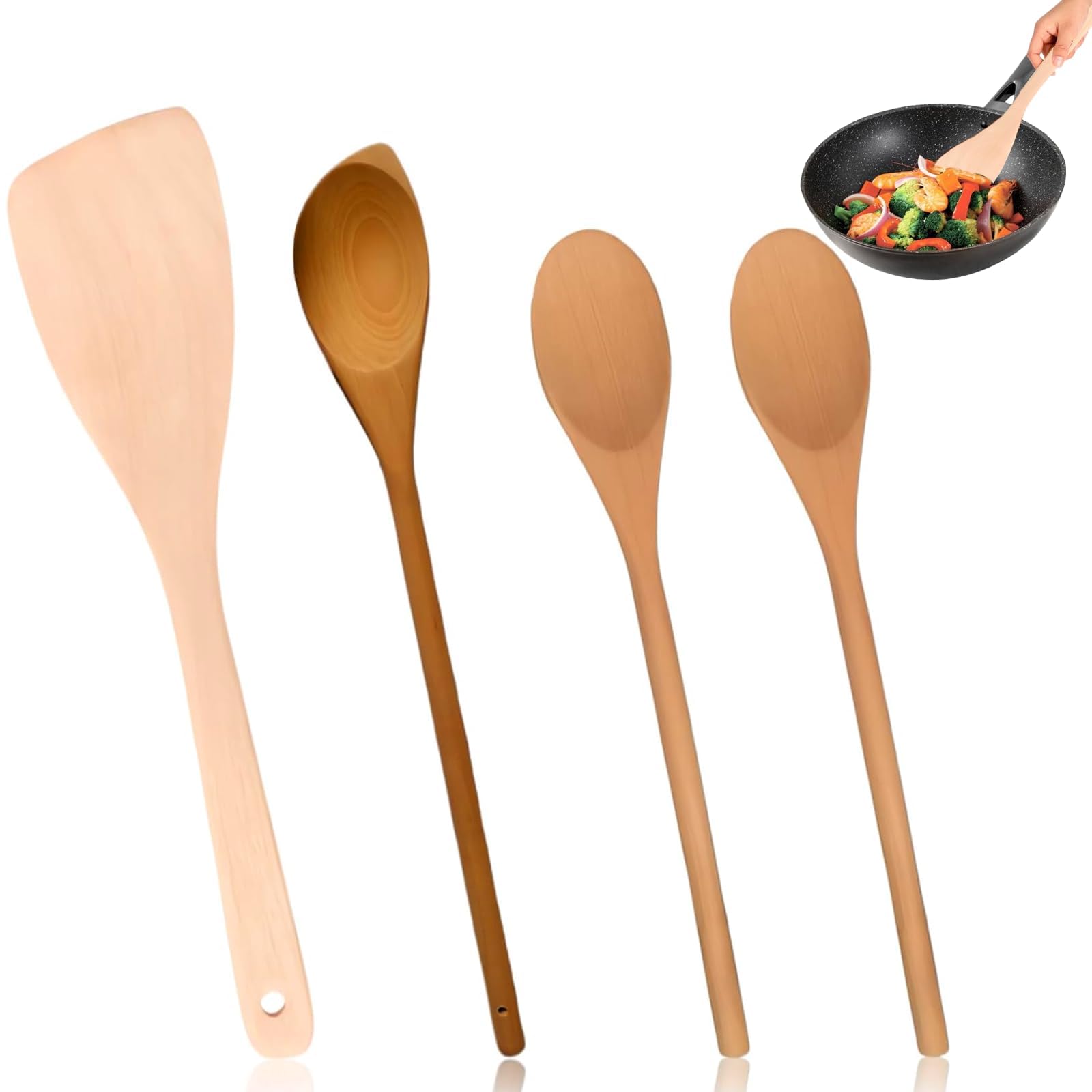 4PCS Wooden Utensil Set,Wooden Spoons for Cooking,Wooden Kitchen Utensils for Cooking and Baking, Solid Oval Mixing Spoons Safe Use in Non-Stick Cookware Use with Non-Stick Bakeware