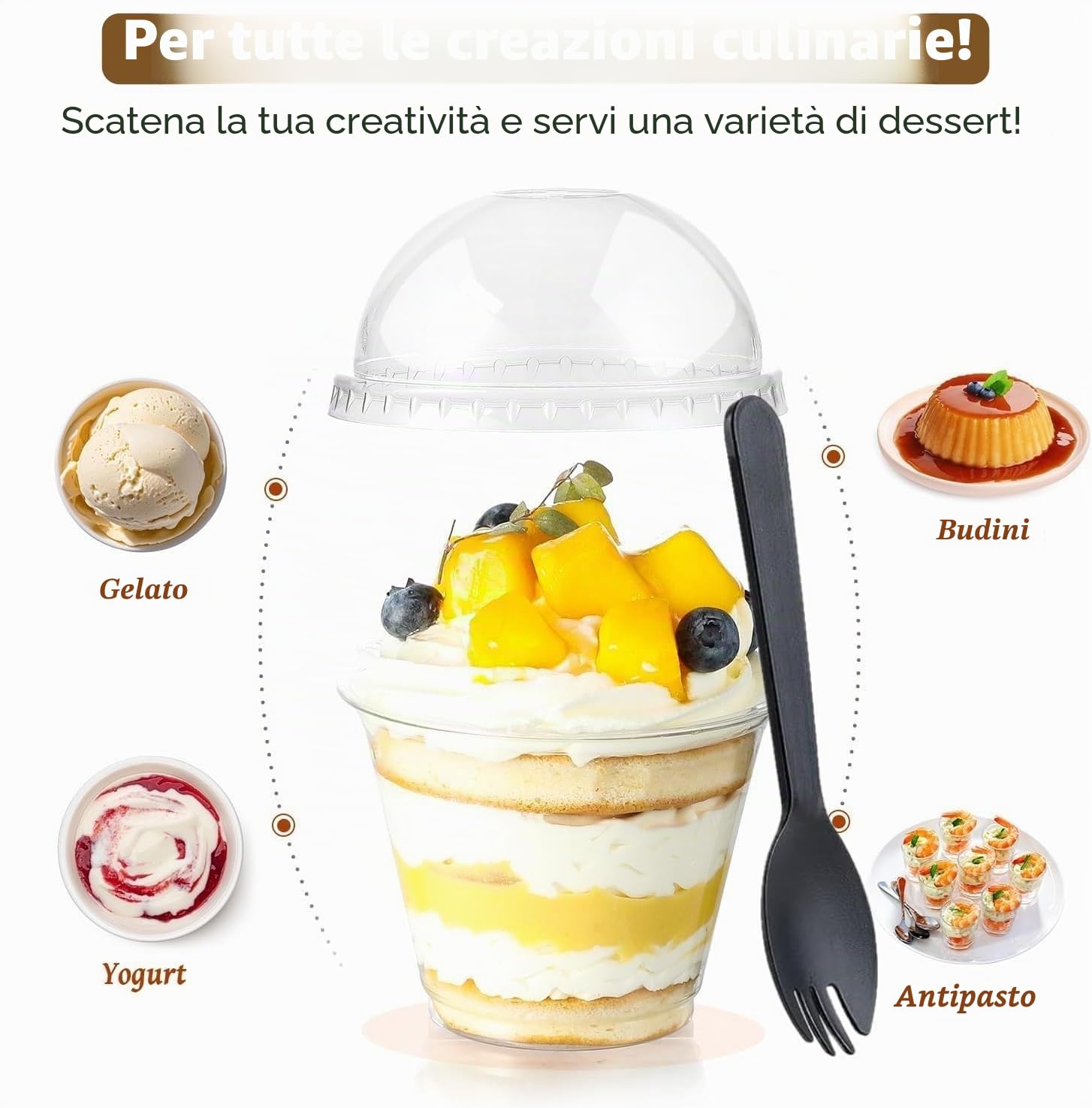 LATERN 50 Pezzi Bicchieri da Dessert in Plastica con Coperchi a Cupola, 270ml Rotonde Tazze da Dessert Coppa Trasparente per Antipasti Parfait Ciotola da Portata Riutilizzabile con Forchette