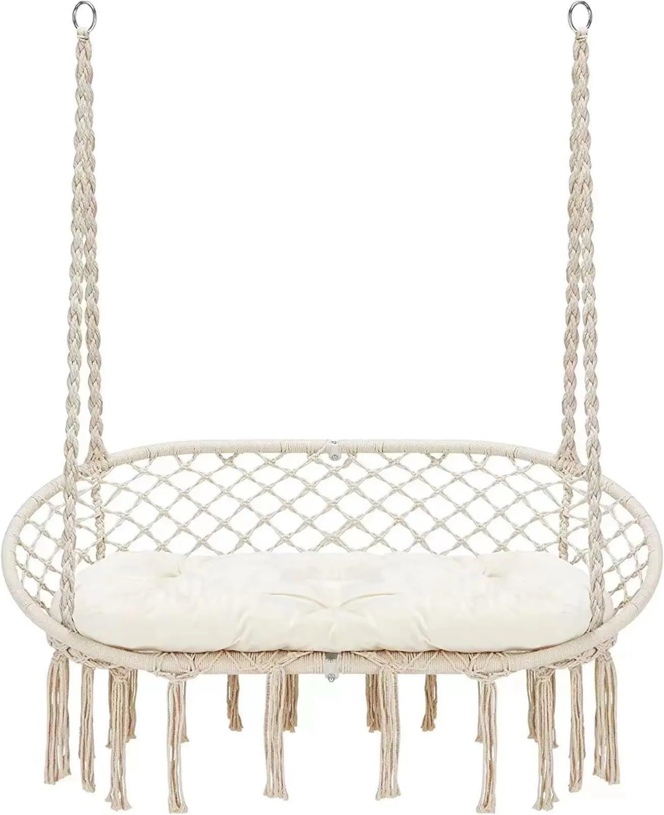 Altalena da esterno Sedia a dondolo doppia in macramè, con corde di cotone appese, struttura in metallo, capacità 450 libbre, for interni ed esterni, patio(White with accessory)