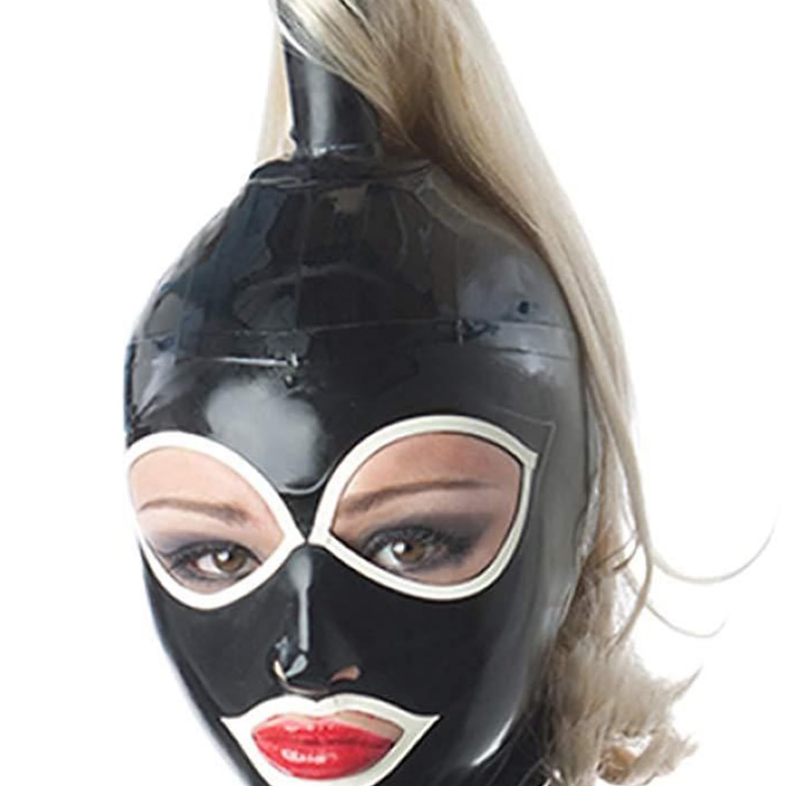 DSPENGS Latex Hood with Ponytail Full Face Mask Zipper Open Eyes Mouth Novelty Rubber Masquerade Club Unisex(Size:S-63CM)