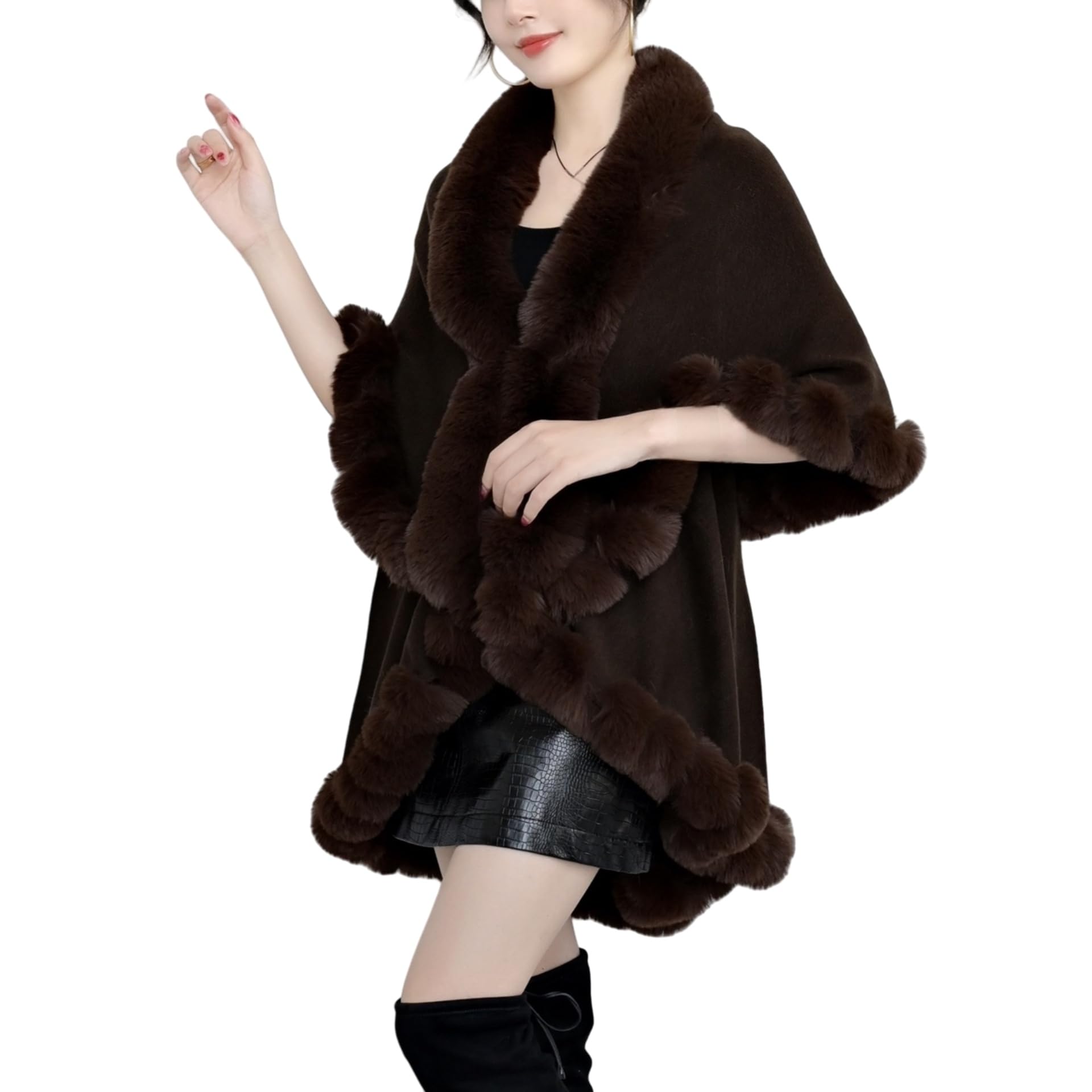 Generico Mantella da Donna con Scialle Poncho Caldo in Pelliccia Sintetica di Coniglio Eleganti Poncho Drappeggiati Cappotti con Collo di Pelliccia Scialli E Stole per Abiti da Sposa da Sera