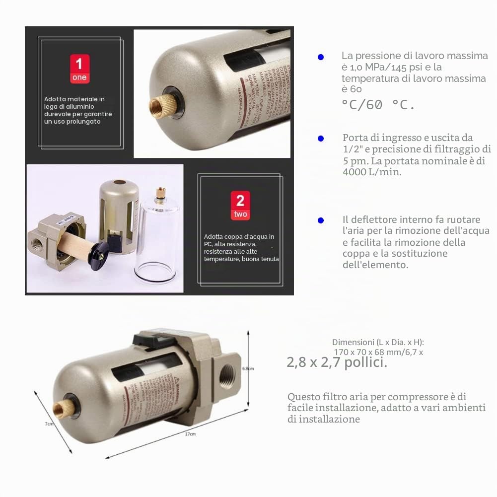 filtro aria compressa, separatore acqua umidità alta efficienza per impianti compressori