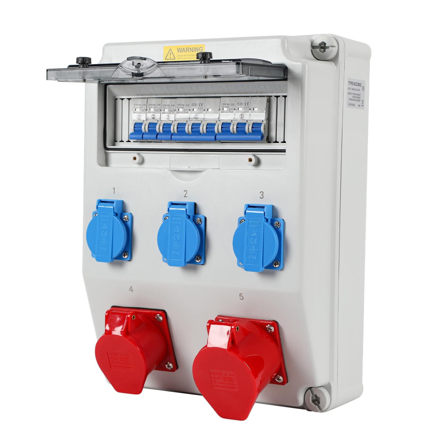 Distributore di corrente IP65 senza FI, con CEE 16A & 32A 400V e Schuko 230V, distributore a parete a 5 poli per cantieri, industrie, interni ed esterni, alloggiamento resistente alle