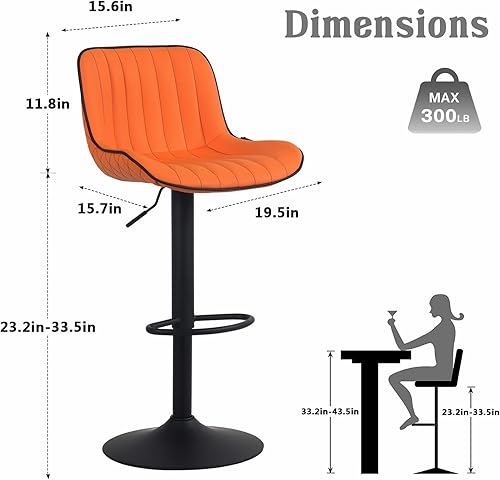 Miniatura 2 de YOUNUOKE Juego de 2 taburetes de bar de color naranja, modernos y ajustables, giratorios, tapizados, con respaldo de mediados de siglo, de piel