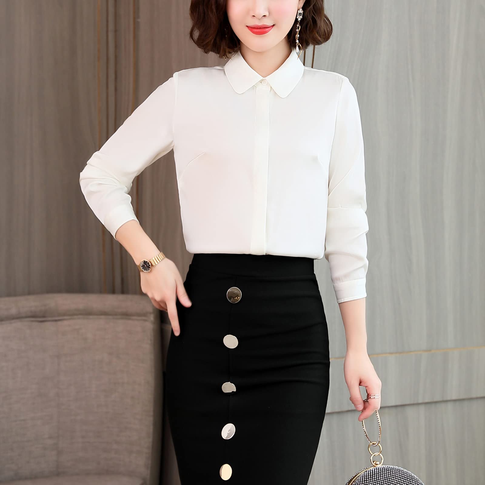 Valin Blusa de seda para mujer Camisa Sólido Botón Abajo Camisas Blusa de Mujer Manga Larga Solapa Blusa de Seda,S1908